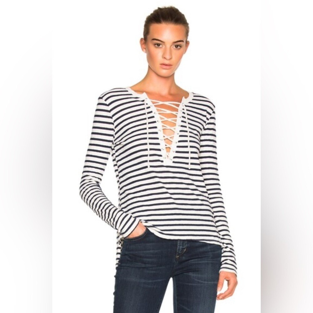 EUC Pam and Gela Lace Up Long Sleeve Top in Cream and Navy Size Small